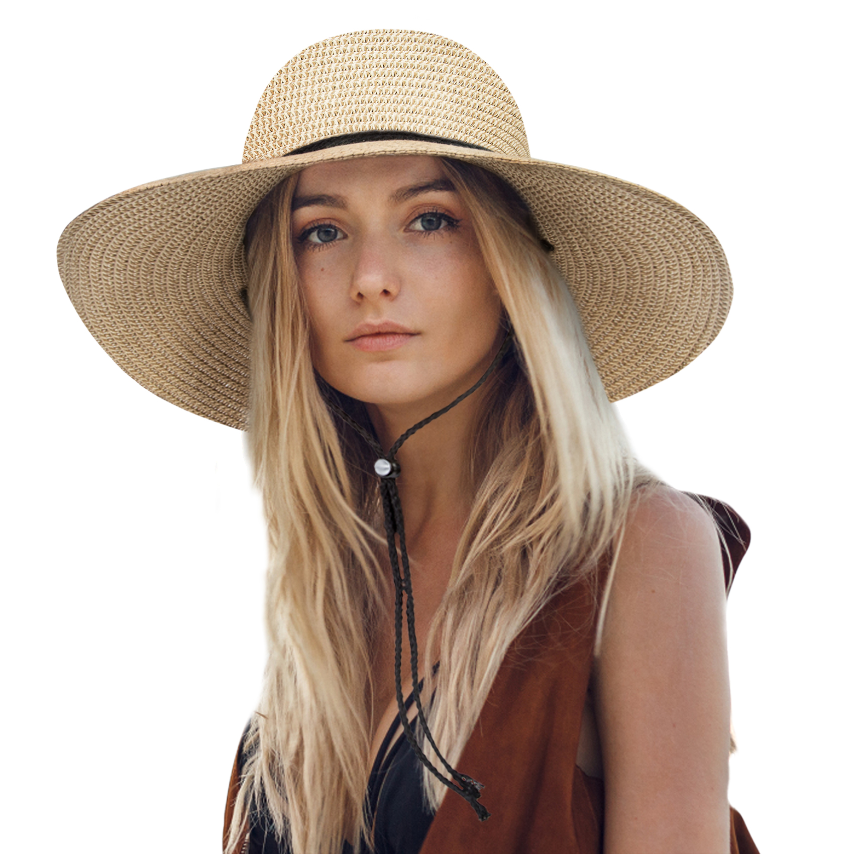 Womens Sun Hat Wide Brim Foldable Beach Hats for Women UV Protection Summer Straw Hat with Wind Lanyard